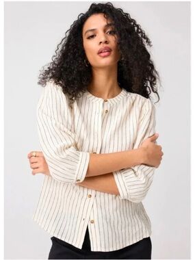 SANCTUARY The Femme Shirt Striped Linen Puff Sleeve Collarless Blouse Medium